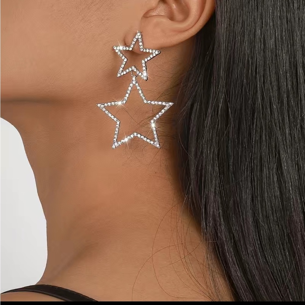 Double Star Dangle Rhinestone Earrings